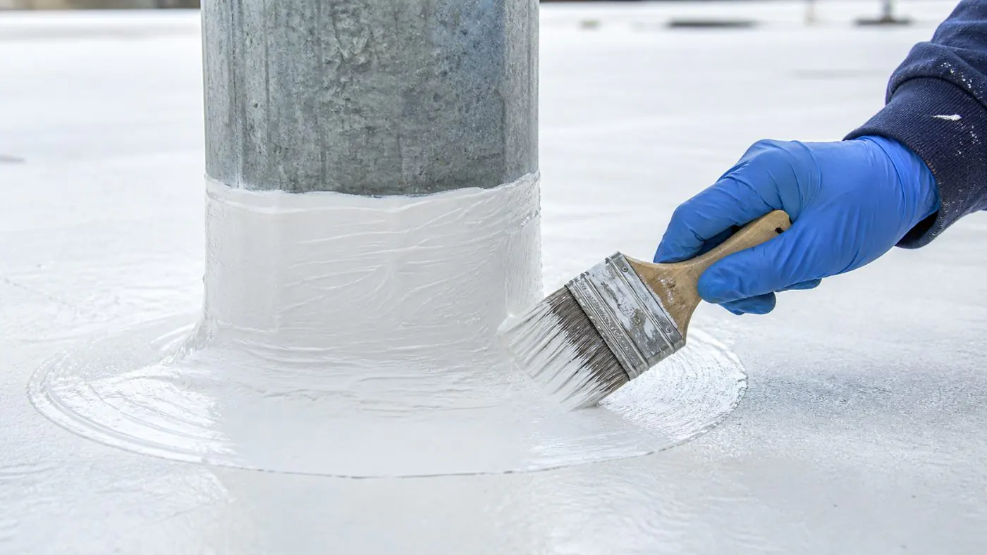 Mastic brushed around a pipe penetration on a coated roof