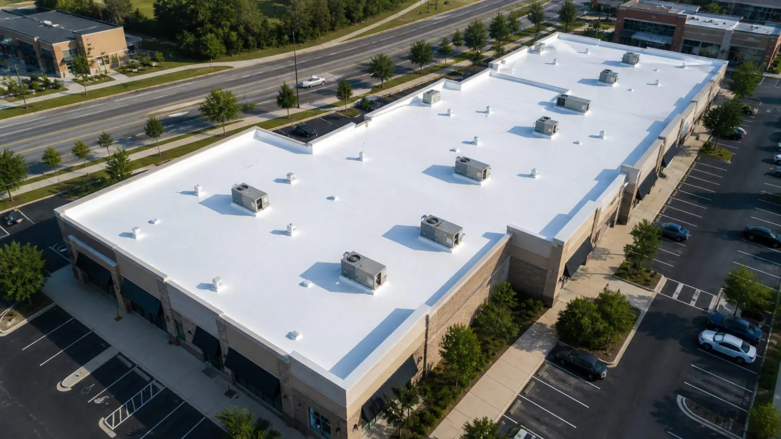 A white roof on a retail strip center, seen from above